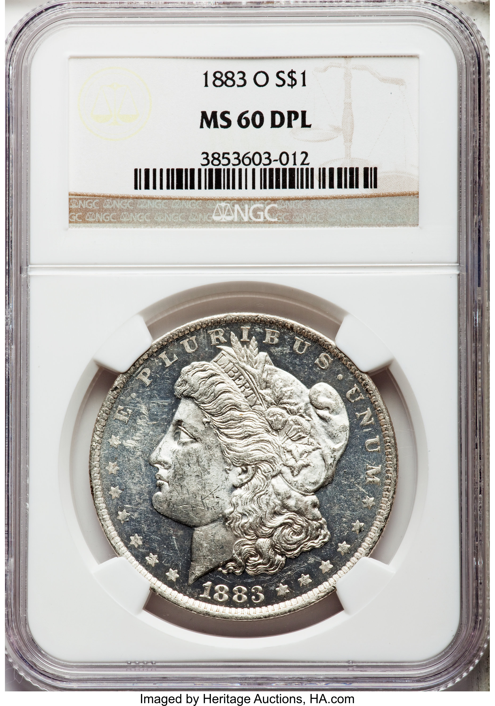 1883-O $1 MS60 Deep Mirror Prooflike NGC. NGC Census: (1/836). PCGS Population (26/1587). Numismedia Wsl. Price for proble...