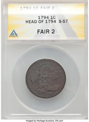 image for: 1794 1C Head of 1794, S-57, B-55, R.1, Fair 2 ANACS. ...