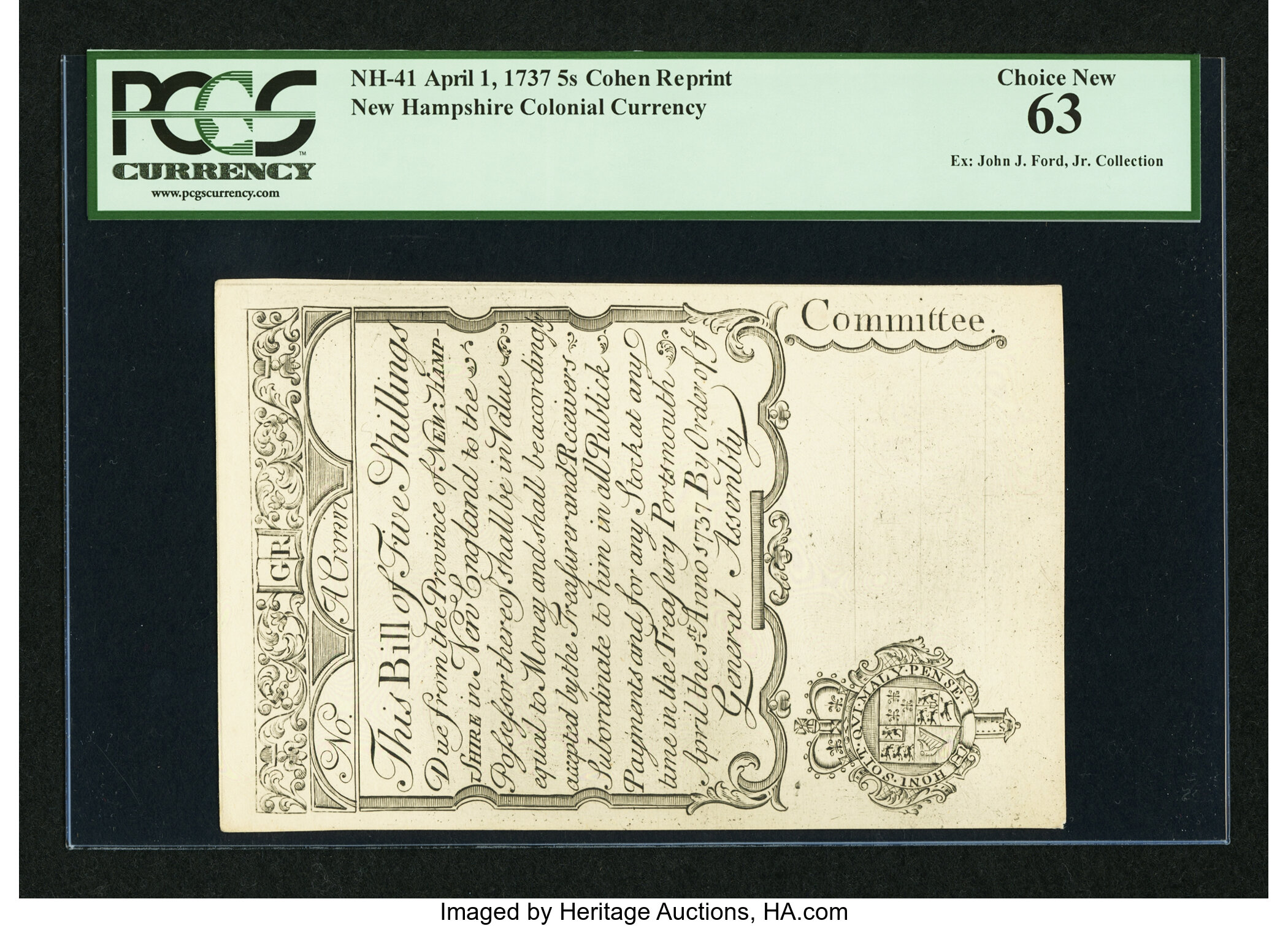 image for: Cohen Reprint New Hampshire April 1, 1737 5s PCGS Choice New 63....