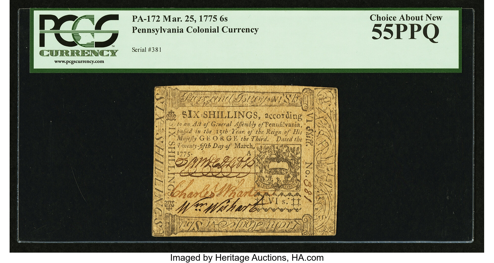 image for: Pennsylvania March 25, 1775 6s PCGS Choice About New 55PPQ....