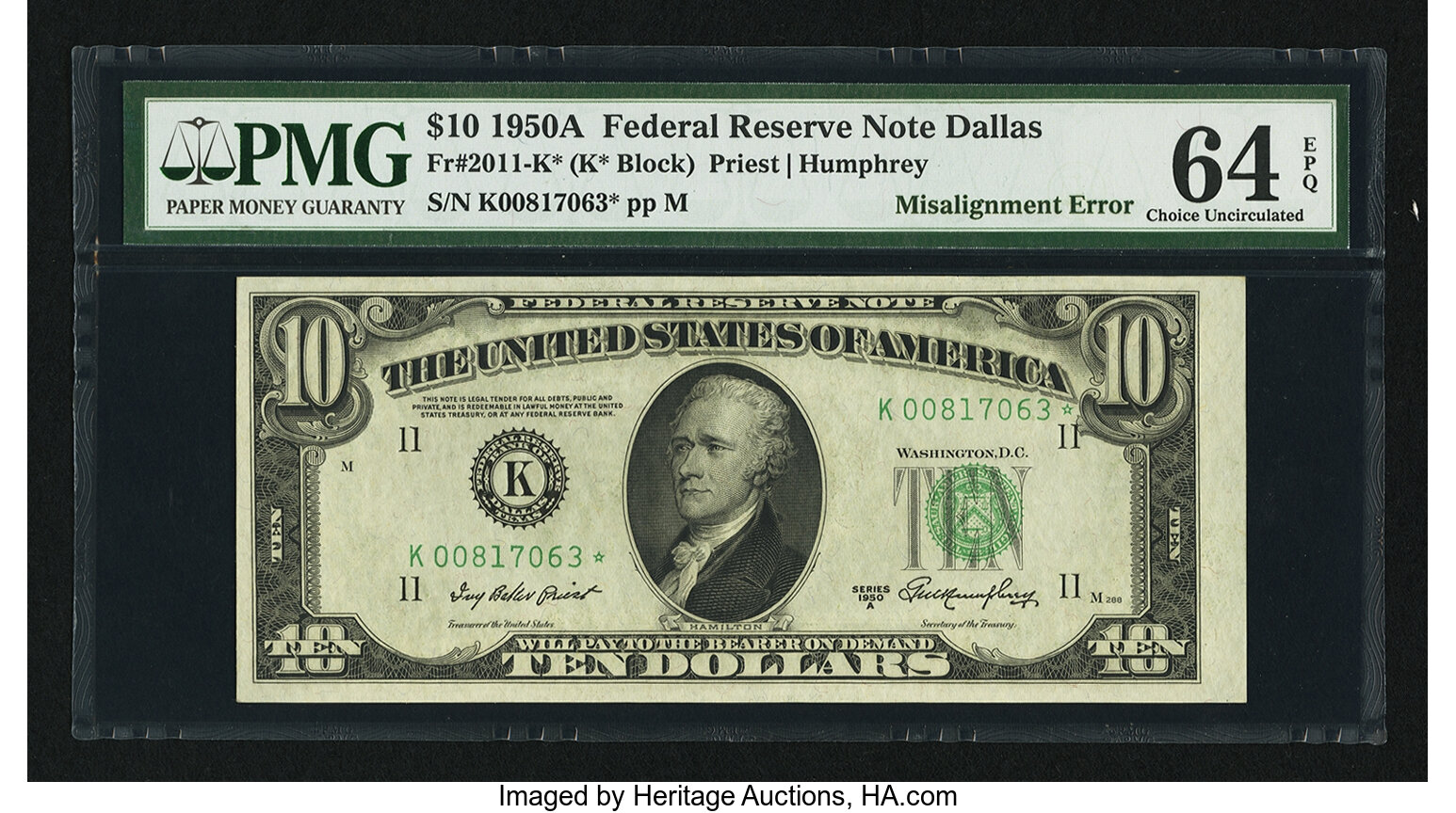 image for: Fr. 2011-K* $10 1950A Federal Reserve Star Note. PMG Choice Uncirculated 64 EPQ....