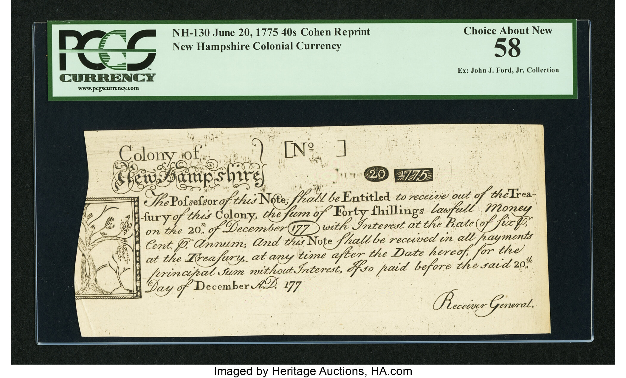 image for: Cohen Reprint New Hampshire June 20, 1775 40s PCGS Choice About New 58....
