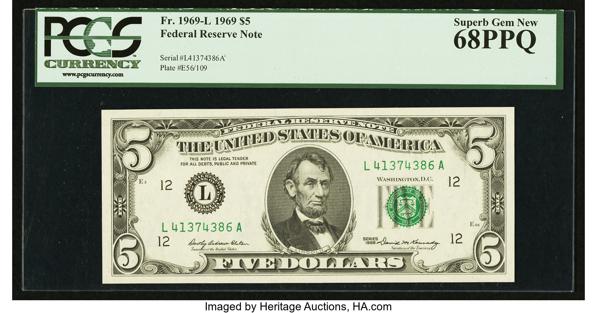 image for: Fr. 1969-L $5 1969 Federal Reserve Note. PCGS Superb Gem New 68PPQ....