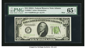 image for: Fr. 2006-F $10 1934A Mule Federal Reserve Note. PMG Gem Uncirculated 65 EPQ....