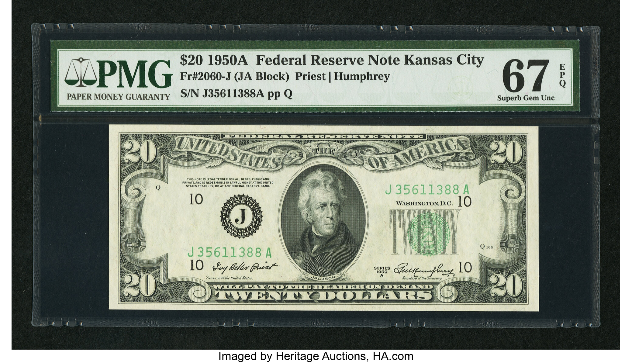 image for: Fr. 2060-J $20 1950A Federal Reserve Note. PMG Superb Gem Unc 67 EPQ....