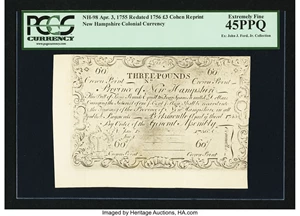 image for: Cohen Reprint New Hampshire April 3, 1755 Redated June 1, 1756 £3 PCGS Extremely Fine 45PPQ....