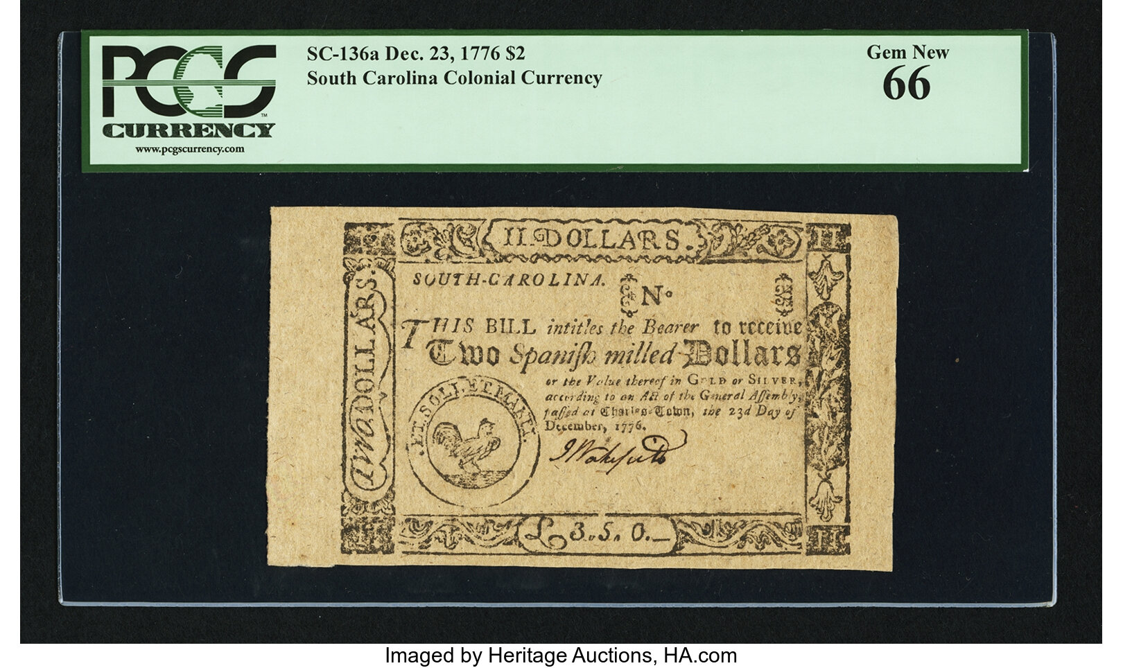 image for: Top Pop South Carolina December 23, 1776  $2 PCGS Gem New 66....