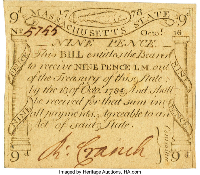 image for: Massachusetts October 16, 1778 9 Pence Fr. MA-259 PCGS Very Choice New 64PPQ....