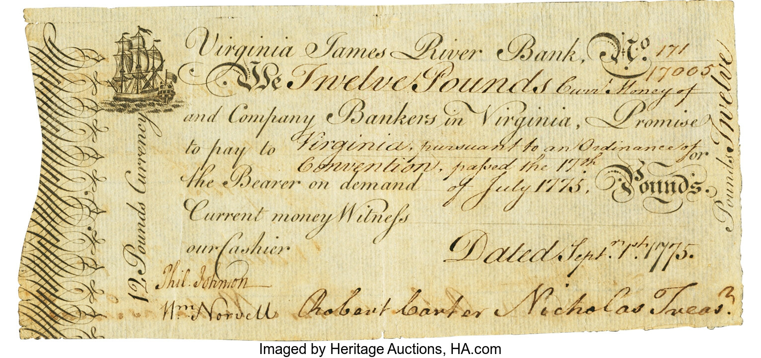 image for: Virginia September 1, 1775 12 Pounds James River Bank Form Fr. VA-87 PMG Extremely Fine 40. ...