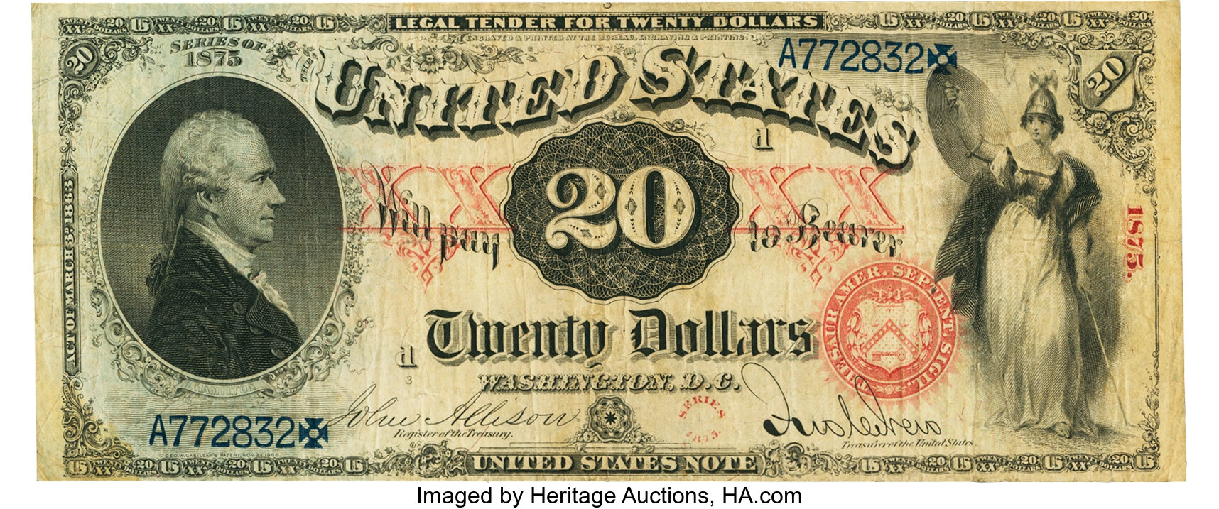 Fr. 128 $20 1875 Legal Tender PMG Very Fine 25. ...