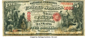 image for: Mankato, MN - $5 Original Fr. 398a The First National Bank Ch. # 1683 PMG Choice Fine 15....