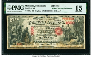 image for: Mankato, MN - $5 Original Fr. 398a The First National Bank Ch. # 1683 PMG Choice Fine 15....