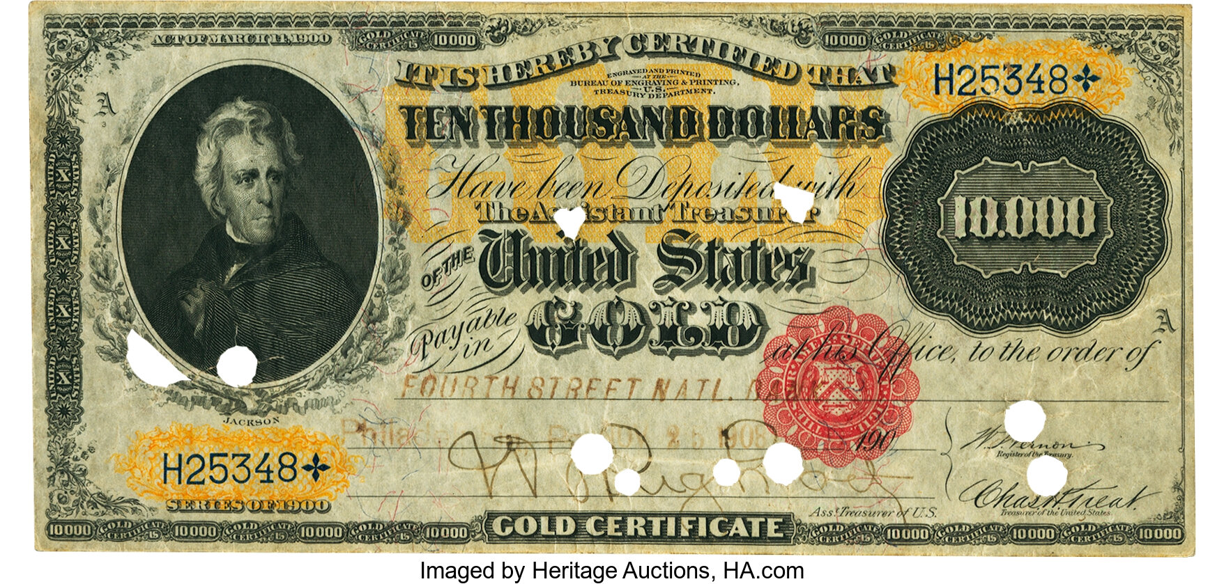 image for: Fr. 1225c $10,000 1900 Gold Certificate PMG Very Fine 25....
