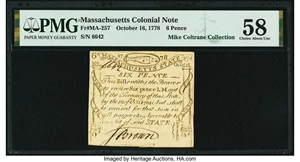 image for: Massachusetts October 16, 1778 6 Pence Fr. MA-257 PMG Choice About Uncirculated 58....