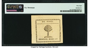 image for: Massachusetts October 16, 1778 6 Pence Fr. MA-257 PMG Choice About Uncirculated 58....