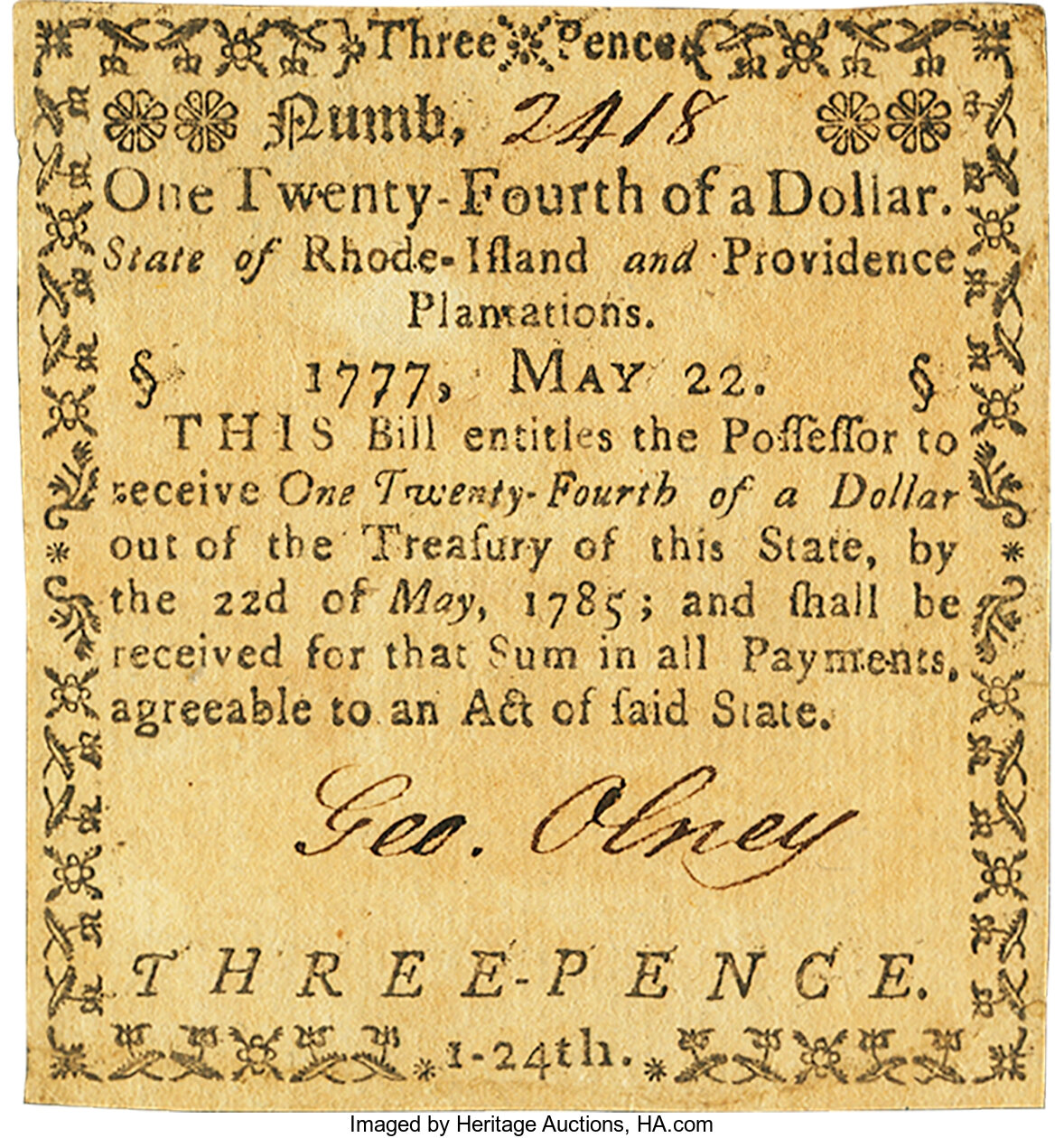 image for: Rhode Island May 22, 1777 $1/24 Fr. RI-265 PMG Very Fine 30 EPQ....