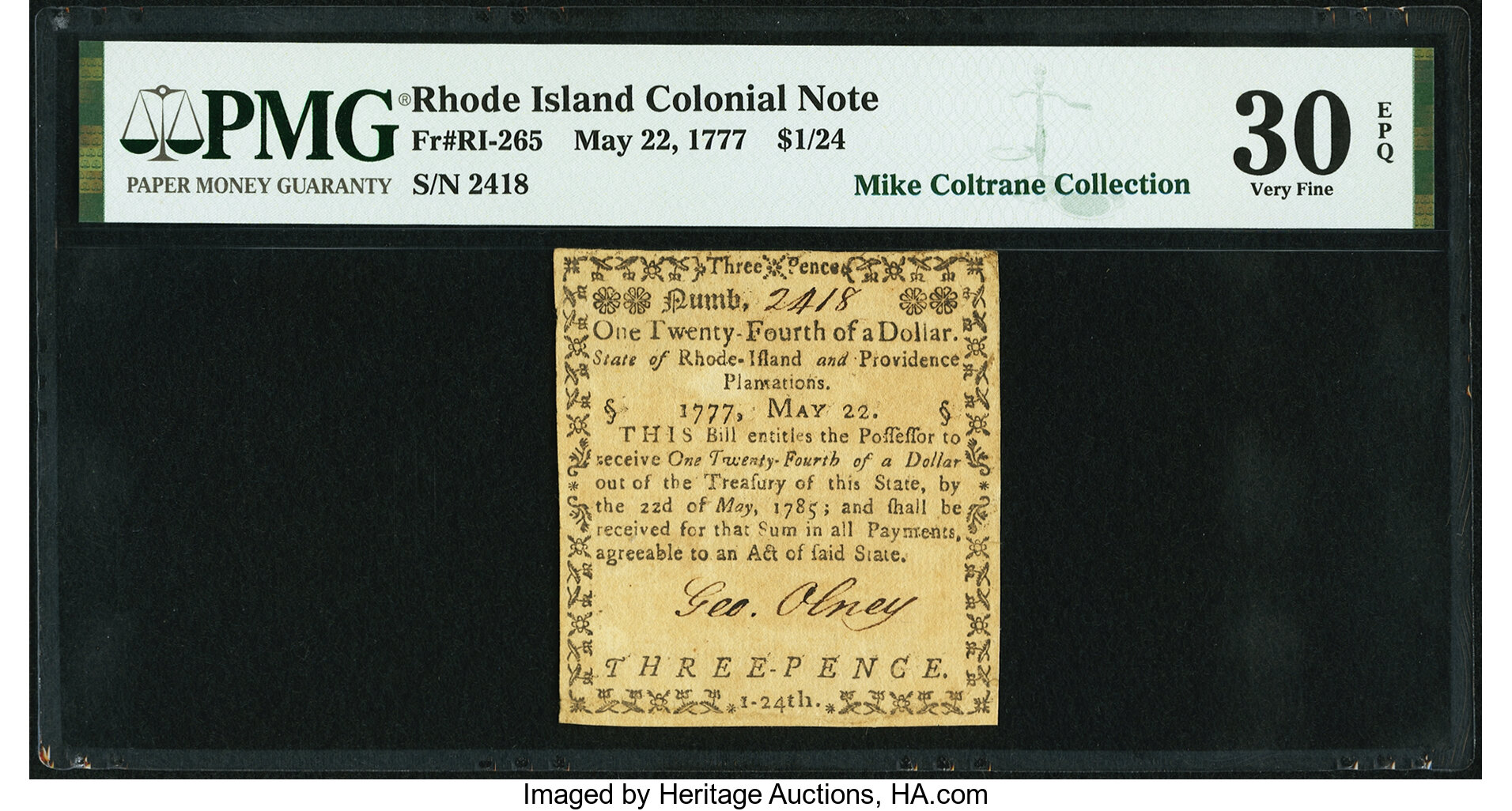 image for: Rhode Island May 22, 1777 $1/24 Fr. RI-265 PMG Very Fine 30 EPQ....