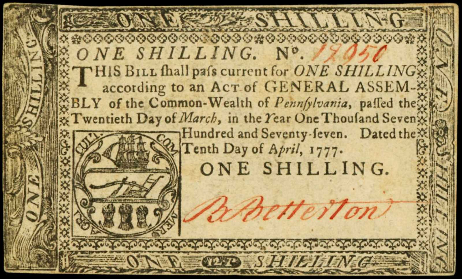 image for: PA-213a. Pennsylvania. April 10, 1777 1 Shilling. About Uncirculated.