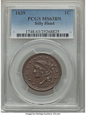 image for: 1839 1C Silly Head, N-4, R.1, MS63 Brown PCGS....