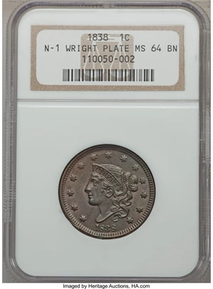 image for: 1838 1C N-1, R.1, MS64 Brown NGC. NGC Census: (7/4). PCGS Population (1/5). Mintage: 6,370,200. ...