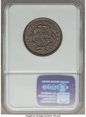 image for: 1838 1C N-1, R.1, MS64 Brown NGC. NGC Census: (7/4). PCGS Population (1/5). Mintage: 6,370,200. ...