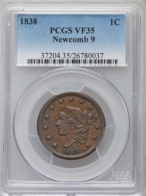 image for: 1838 1C N-9, R.3, VF35 PCGS. PCGS Population (1/3). NGC Census: (0/13). Mintage: 6,370,200. ...