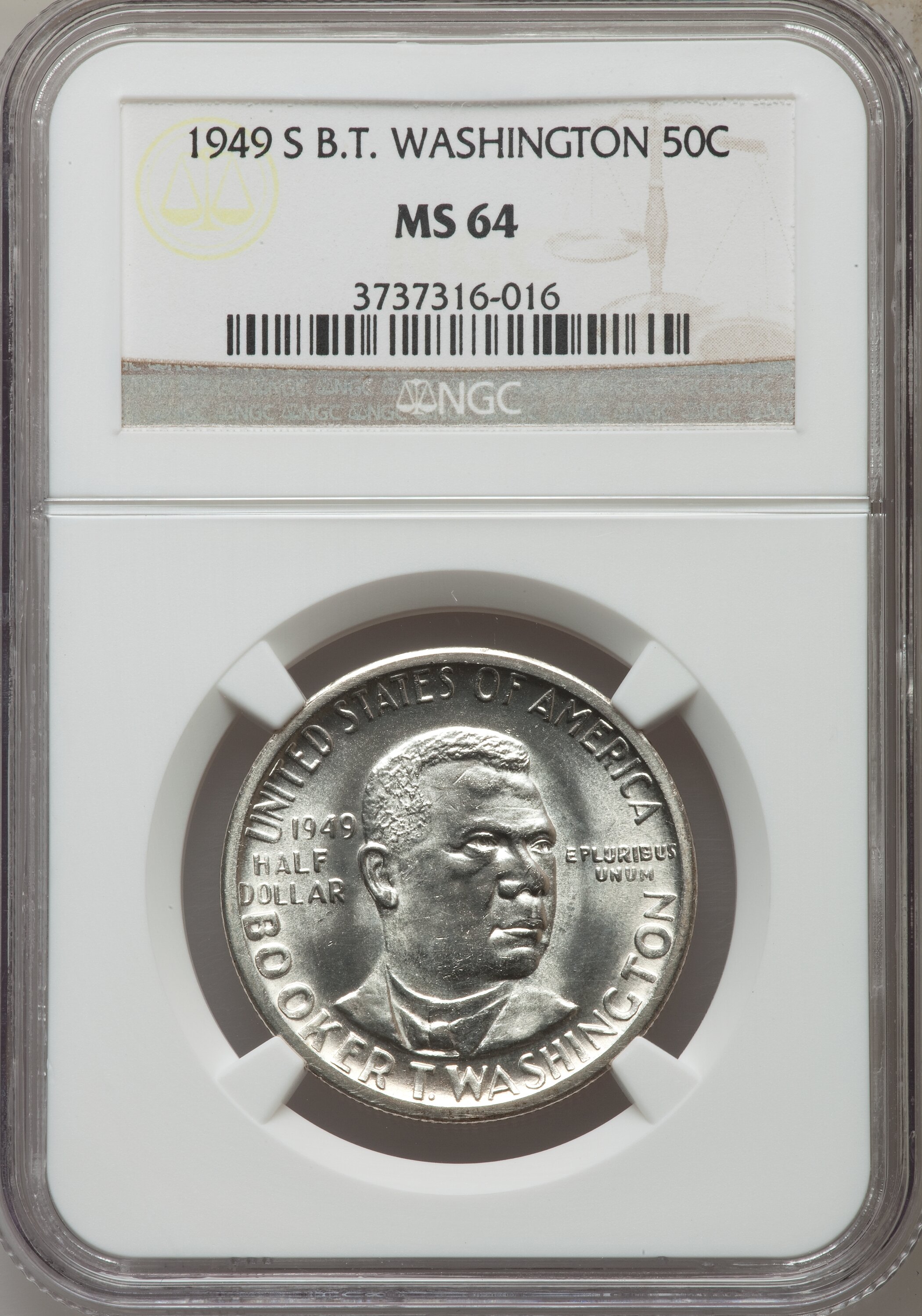 1949-S 50C Booker T. Washington MS64 NGC. NGC Census: (86/728). PCGS Population (212/1235). Mintage: 6,004. Numismedia Wsl....