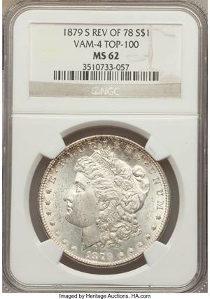image for: 1879-S $1 Reverse of 1878, VAM-4, MS62 NGC. TOP-100. NGC Census: (0/0). PCGS Population (6/14)....