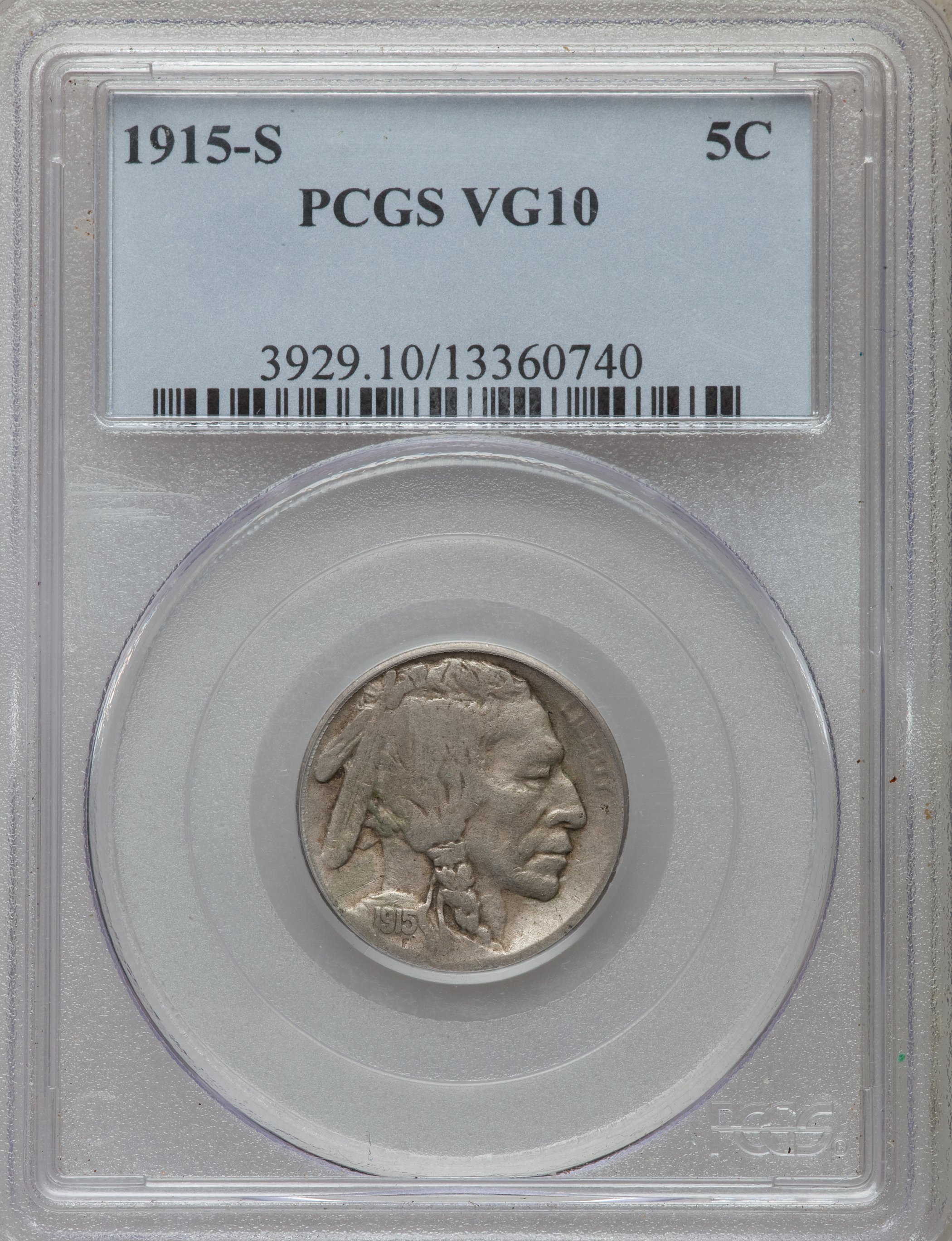 1915-S 5C VG10 PCGS. PCGS Population (41/1195). NGC Census: (24/700). Mintage: 1,505,000. Numismedia Wsl. Price for problem...