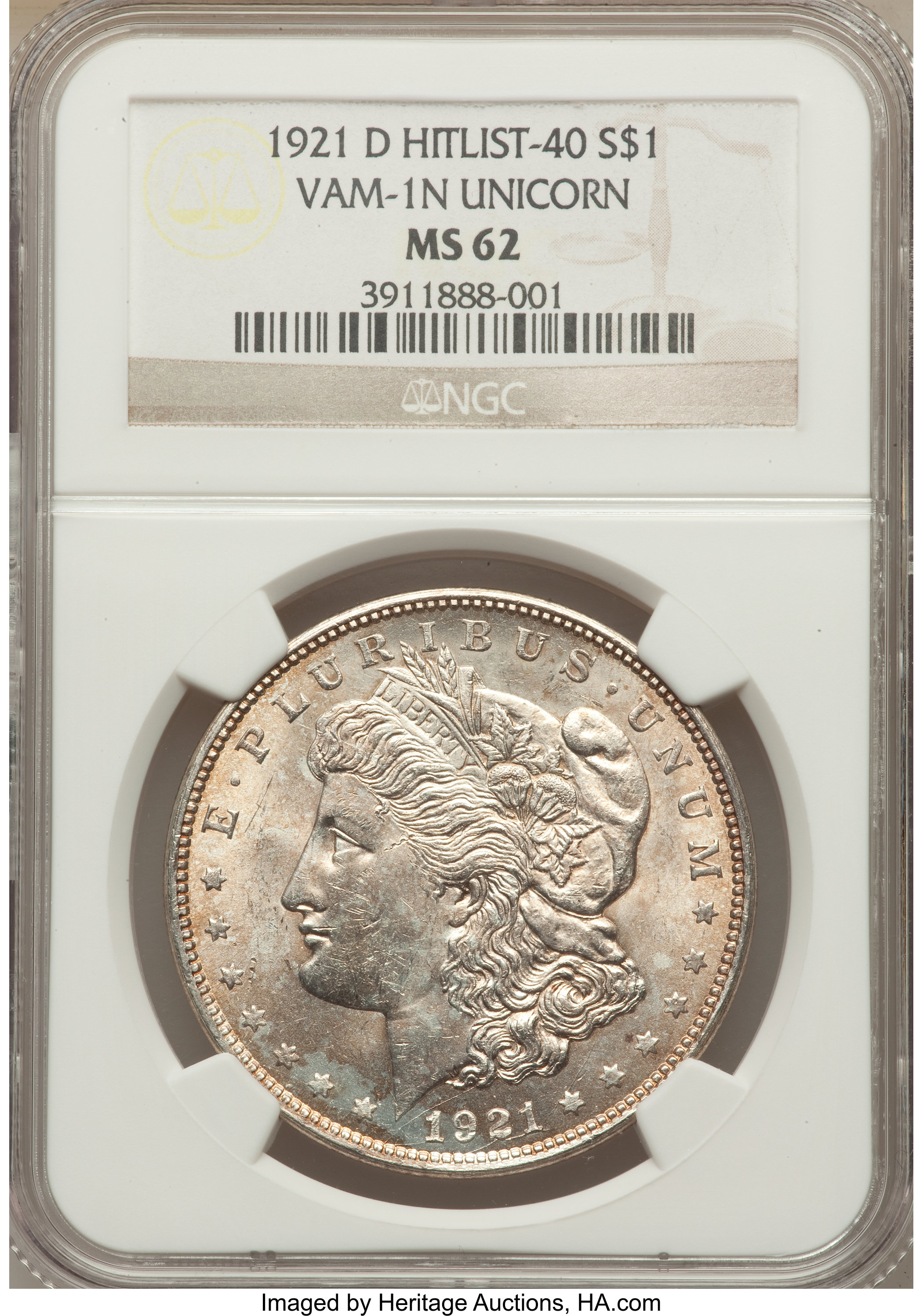 1921-D $1 Unicorn, VAM-1N, MS62 NGC. Hitlist-40. NGC Census: (0/0). PCGS Population (11/22). ...
