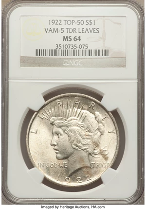 image for: 1922 $1 Tripled Leaves, VAM-5, MS64 NGC. TOP-50. NGC Census: (0/0). PCGS Population (11/1)....
