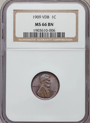 image for: 1909 VDB 1C MS66 Brown NGC. NGC Census: (28/1). PCGS Population (14/0). Mintage: 27,995,000. Numismedia Wsl. Price for prob...