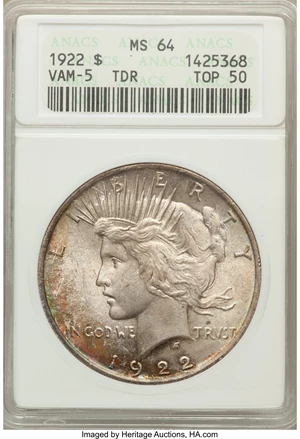 image for: 1922 $1 Tripled Leaves, VAM-5, MS64 ANACS. TOP-50. NGC Census: (0/0). PCGS Population (11/1)....