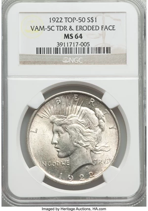 image for: 1922 $1 Tripled Leaves & Eroded Face, VAM-5C, MS64 NGC. TOP-50. NGC Census: (0/0). PCGS Population (11/1)....