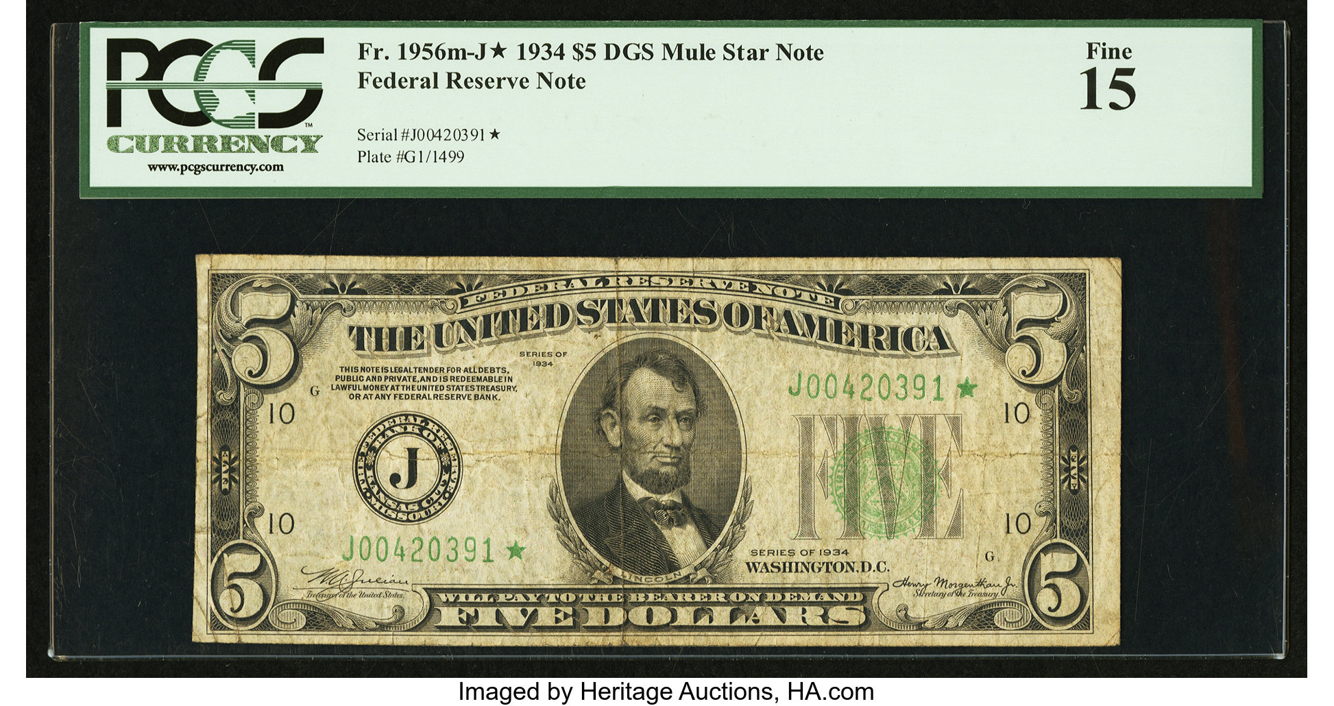 image for: Fr. 1956-J* $5 1934 Dark Green Seal Mule Federal Reserve Star Note. PCGS Fine 15....