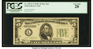 image for: Fr. 1957-L* $5 1934A Federal Reserve Star Note. PCGS Very Fine 20....