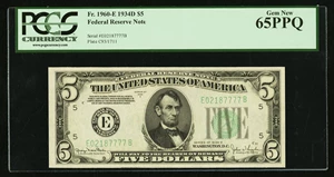 image for: Fr. 1960-E $5 1934D Federal Reserve Note. PCGS Gem New 65PPQ....