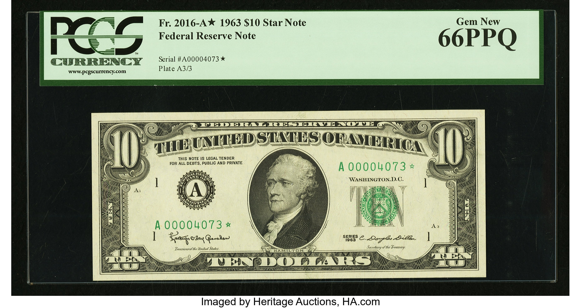 image for: Low Serial Number A00004073* Fr. 2016-A* $10 1963 Federal Reserve Star Note. PCGS Gem New 66PPQ....