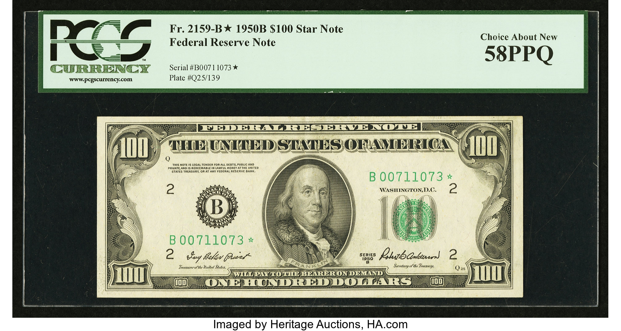 image for: Fr. 2159-B* $100 1950B Federal Reserve Note. PCGS Choice About New 58PPQ....