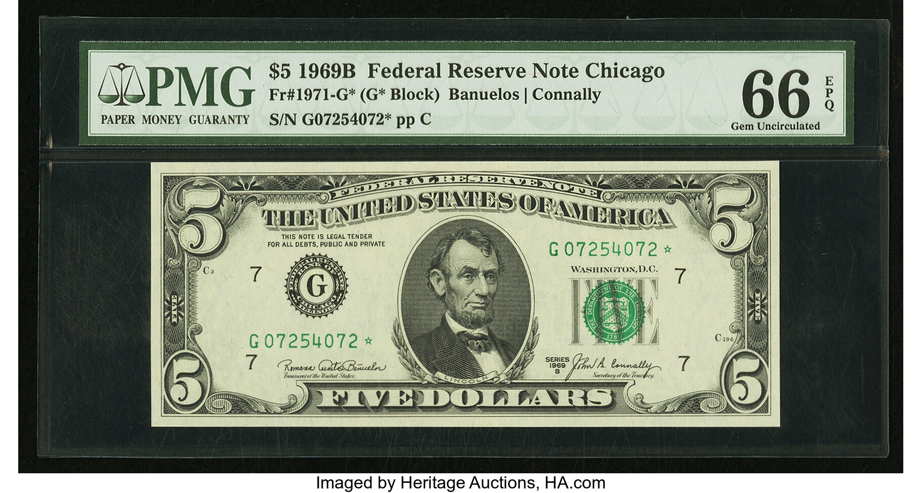 image for: Fr. 1971-G* $5 1969B Federal Reserve Star Note. PMG Gem Uncirculated 66 EPQ....