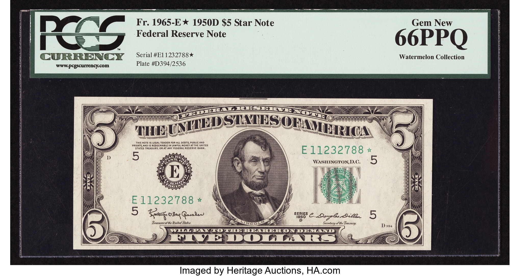 image for: Fr. 1965-E* $5 1950D Federal Reserve Star Note. PCGS Gem New 66PPQ....