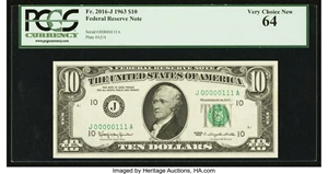 image for: Fancy Serial Number Fr. 2016-J $10 1963 Federal Reserve Note. PCGS Very Choice New 64....