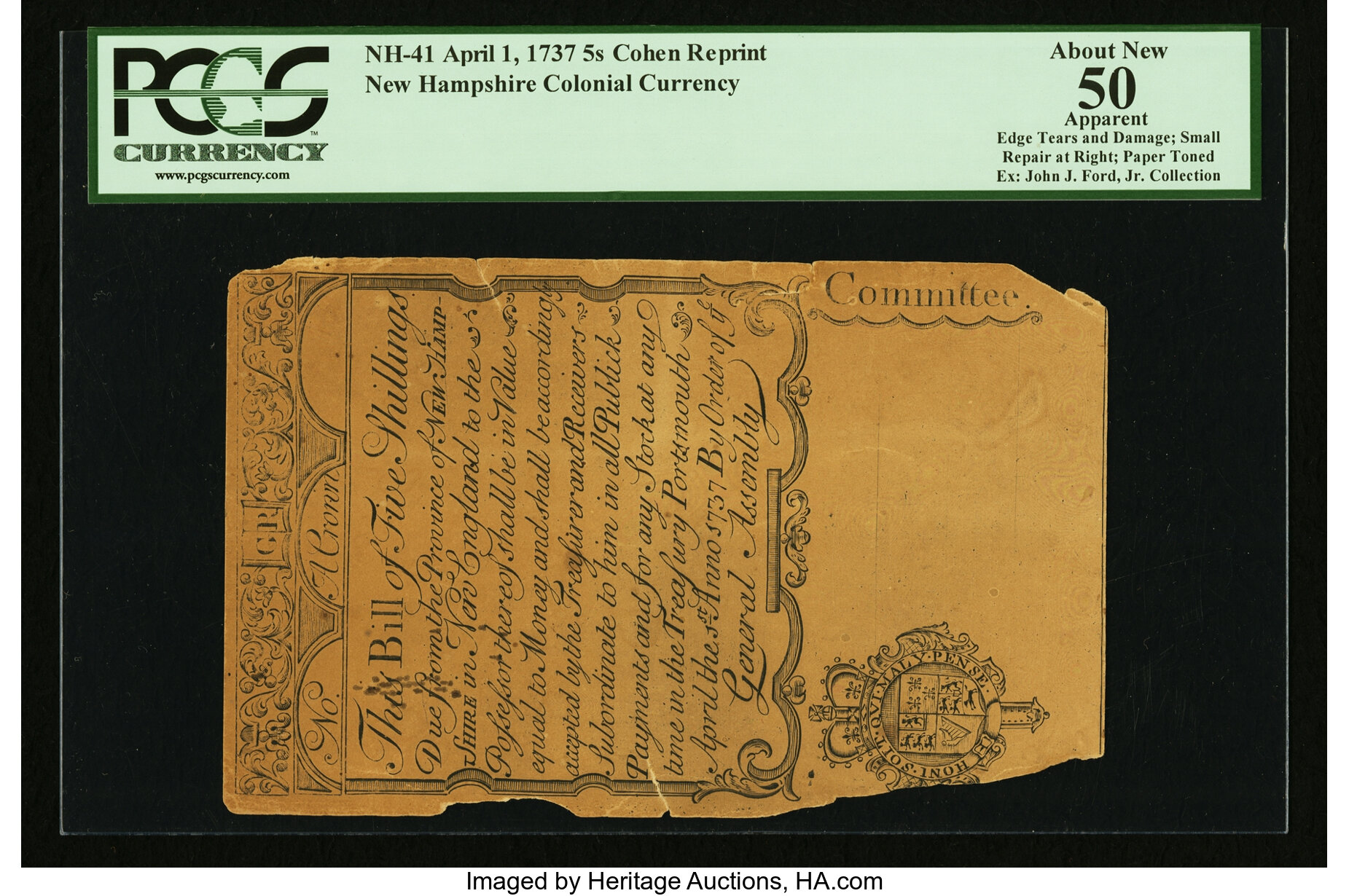 image for: Cohen Reprint New Hampshire April 1, 1737 5s PCGS Apparent About New 50....