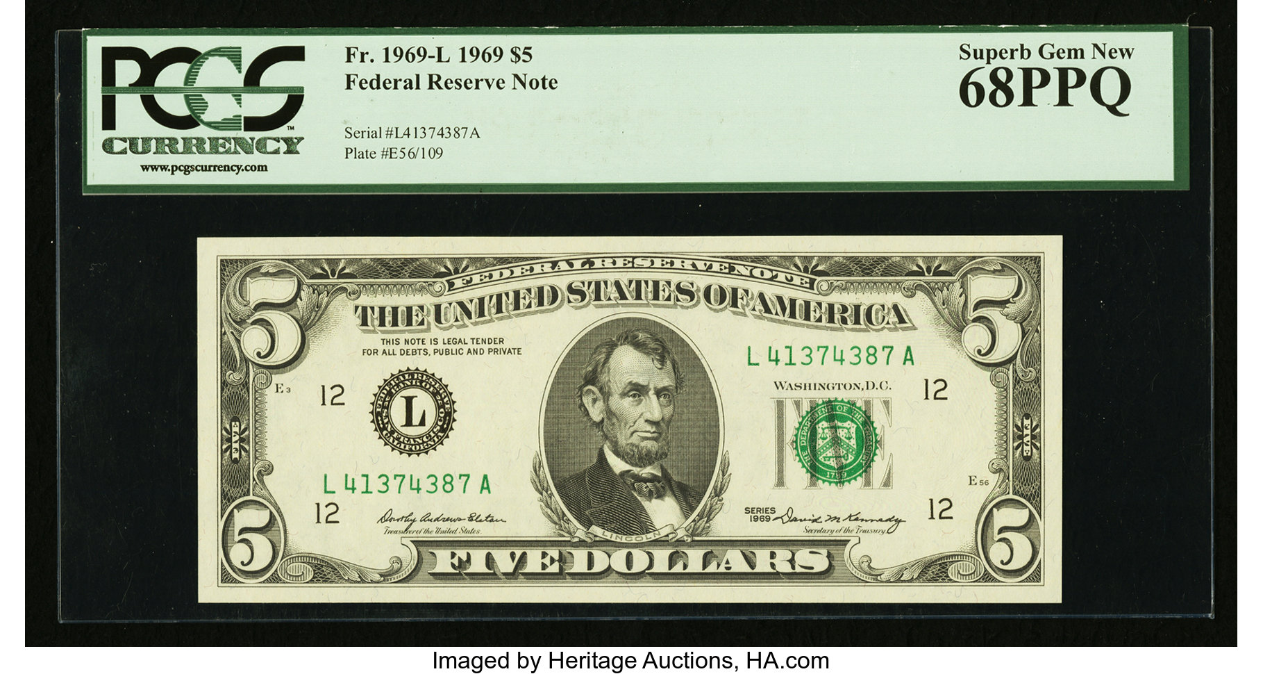 image for: Fr. 1969-L $5 1969 Federal Reserve Note. PCGS Superb Gem New 68PPQ....