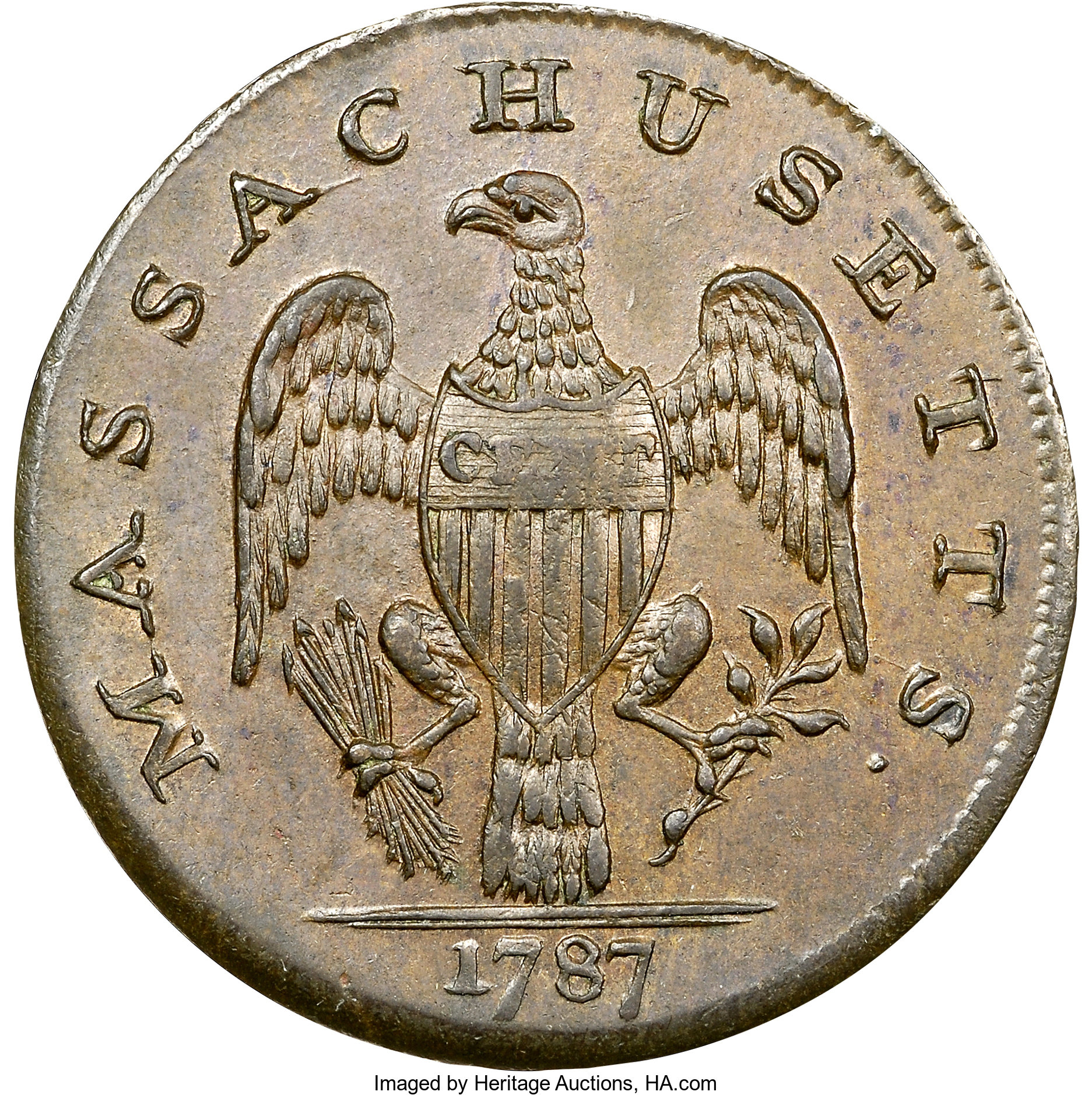 image for: 1787 1C Massachusetts Cent, Arrows in Right Talon, Ryder 2-F, W-6070, High R.6, MS65 Brown NGC. CAC....