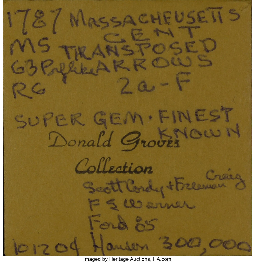 image for: 1787 1C Massachusetts Cent, Arrows in Right Talon, Ryder 2-F, W-6070, High R.6, MS65 Brown NGC. CAC....