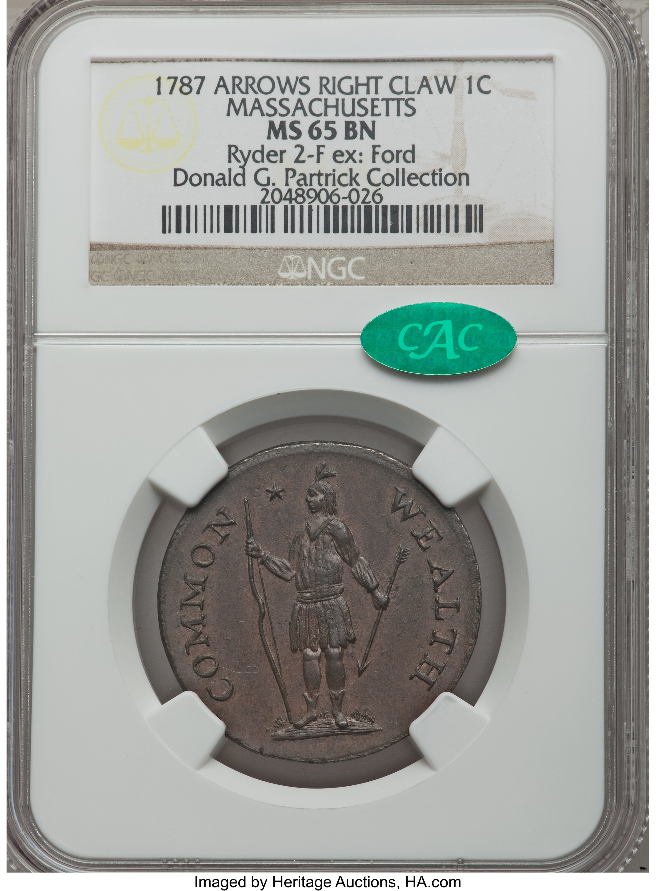 image for: 1787 1C Massachusetts Cent, Arrows in Right Talon, Ryder 2-F, W-6070, High R.6, MS65 Brown NGC. CAC....