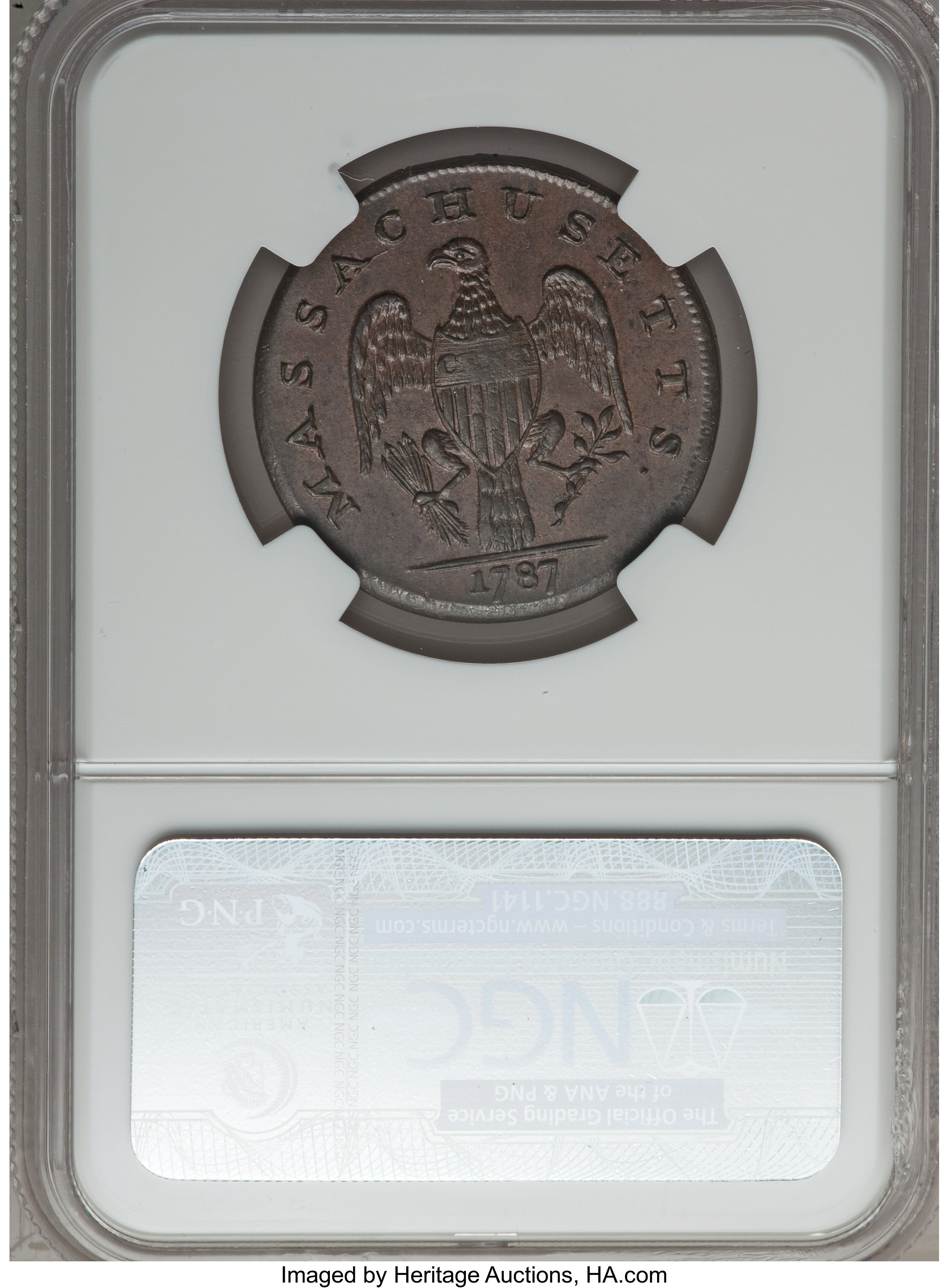 image for: 1787 1C Massachusetts Cent, Arrows in Right Talon, Ryder 2-F, W-6070, High R.6, MS65 Brown NGC. CAC....
