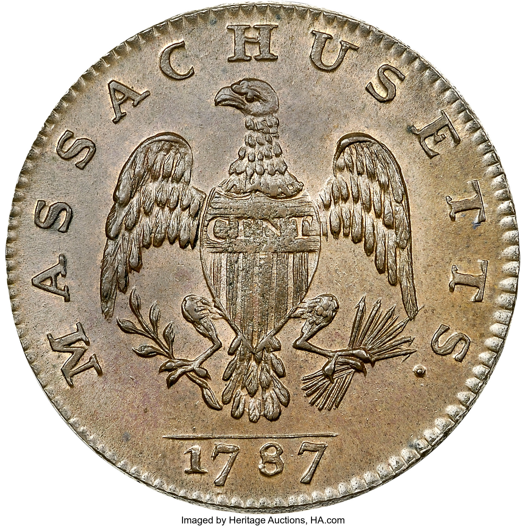 image for: 1787 1C Massachusetts Cent, Arrows in Left Talon, Ryder 3-G, W-6090, R.3, MS66 Brown NGC. CAC....