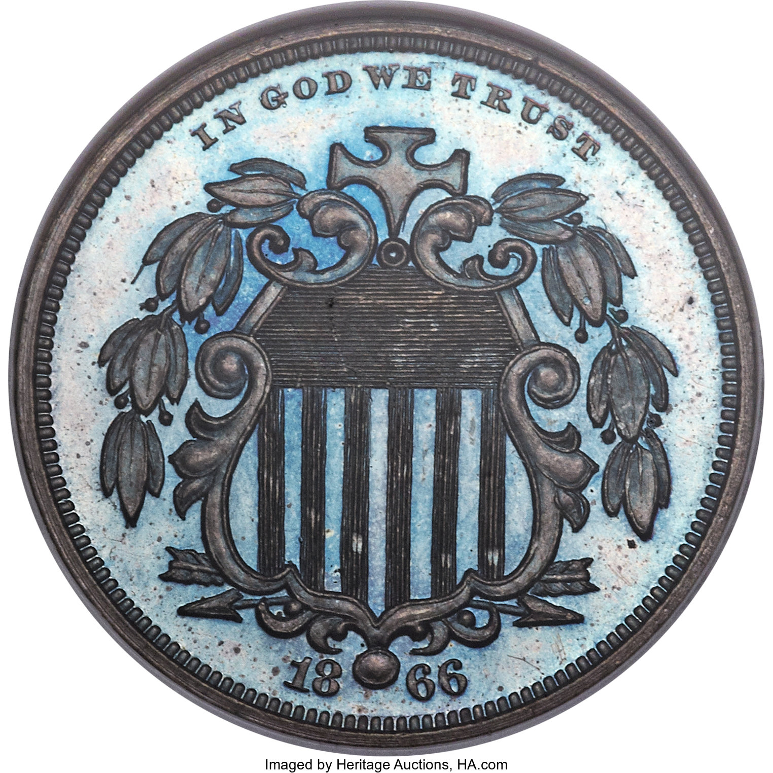 image for: 1866 5C Shield Five Cents, Judd-491, Pollock-578, Low R.7, PR66  ★  Brown Cameo NGC....